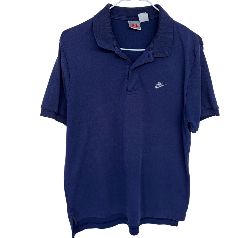 Vintage 90s Nike Polo‎ Shirt Men's Large Navy Blue Swoosh Spellout Vtg Casual
